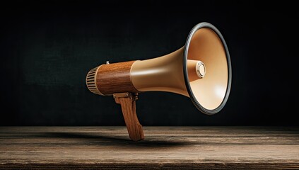 A vintage-style megaphone with a wooden handle rests on a dark wooden surface against a moody backdrop.  The megaphone is pale beige and brown