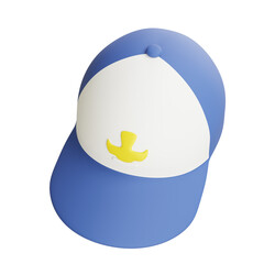 Tilted blue and white school cap with yellow emblem, isolated on white background, ideal for sports days, uniforms, and outdoor school activities.
