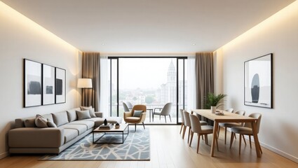 Fototapeta premium Modern living and dining room with city view living room