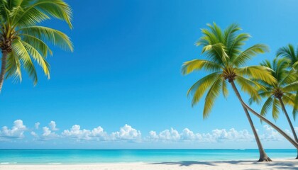 Tropical beach with palm trees bending in the wind, turquoise waves hitting the shore, sunny day