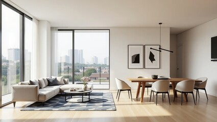 Fototapeta premium Modern living room and dining area with city view dining room 1
