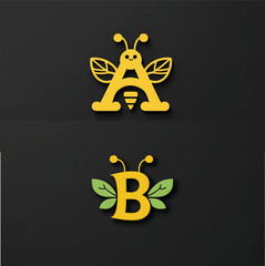 Bee-Themed Alphabet Illustration Featuring Stylized Letters A and B with Wings, Antennae, Stripes, and Leaf Accents on Black Background for Educational, Decorative, and Graphic Design Use