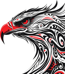 Tribal Eagle Head Illustration Featuring Red Beak and Eye with Intricate Black and White Swirling Feather Patterns for Tattoo, Symbolic, and Graphic Design Concepts