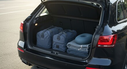 Black Car Trunk Packed with Luggage for a Trip