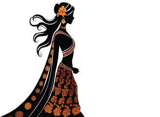 Silhouette Illustration of Woman in Traditional Dress with Floral and Circular Orange Patterns, Long Hair Adorned with Flower, Walking in Side Profile on White Background