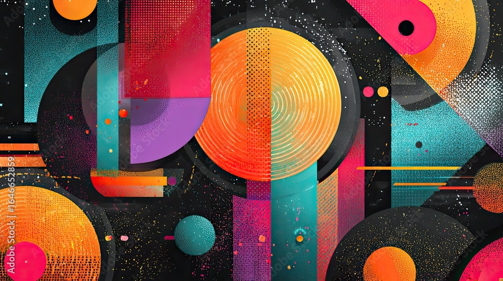 Poster vibrant abstract geometric design with modern shapes, dynamic colors, and textured elements for crea