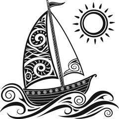 Sailboat Illustration Featuring Intricate Swirl Patterns on Sail, Circular Boat Motifs, and Radiant Sun with Waves in Black and White for Nautical, Decorative, and Graphic Design Use