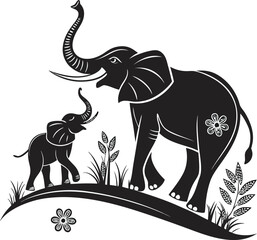Elephant Illustration Featuring Decorative Floral Patterns on Adult and Baby Elephants Standing on Grassy Hill with Plants and Flowers in Black and White for Wildlife, Artistic, and Graphic Design Use
