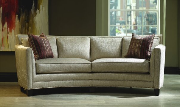 Curved sectional sofa in light beige fabric, accented by patterned throw pillows