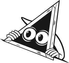 Cartoon Character Peeking Through Black Triangle Frame with Large Round Eyes and White Border for Playful, Graphic, and Editorial Design Concepts