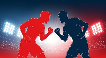 Two rival fighters in a dramatic head-to-head confrontation, silhouetted against bright stadium lights in a red versus blue concept.