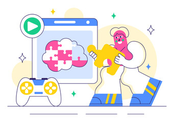 Brain Training Games Vector Illustration featuring People Having Fun with Riddles, Crosswords, Logic Game, and Puzzle Solving in a Flat Background
