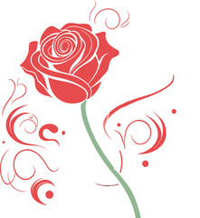 Rose Illustration Featuring Stylized Red Bloom with Green Stem and Decorative Swirls and Dots for Romantic, Botanical, and Graphic Design Applications