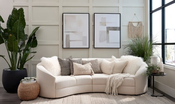 Cream sectional sofa in a modern living room with beige wall paneling, abstract art, and plants