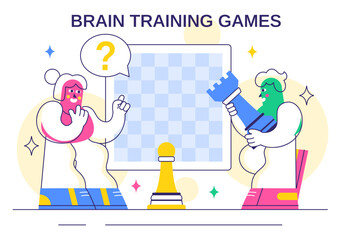 Brain Training Games Vector Illustration featuring People Having Fun with Riddles, Crosswords, Logic Game, and Puzzle Solving in a Flat Background