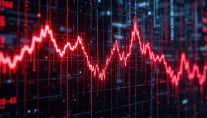 Falling stock market red line graph with glitch effects, cyberpunk aesthetic, high detail