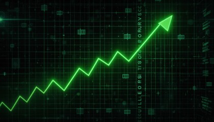 Fototapeta premium Bullish stock trend line in neon green against a dark digital grid background, high contrast modern design