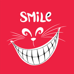 Smile Illustration Featuring Wide Cat-Like Grin with White Teeth, Whiskers, and Playful Typography on Red Background for Positive, Fun, and Graphic Design Concepts