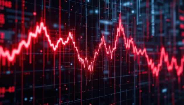 Falling stock market red line graph with glitch effects, cyberpunk aesthetic, high detail - Powered by Adobe