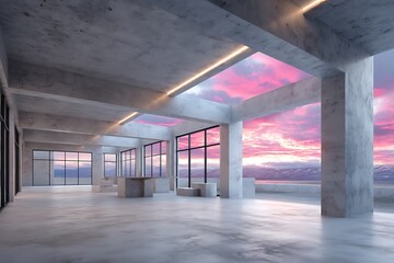 A modern concrete building interior with integrated lighting, illuminating a large empty space and showcasing a stunning sunset over distant mountains.
