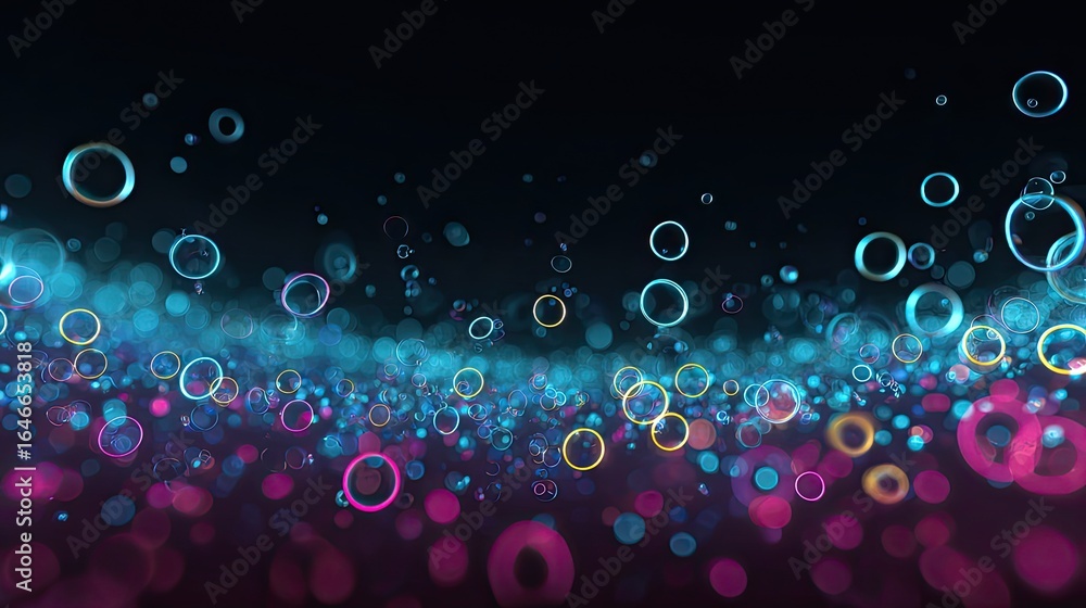 Poster vibrant neon bubbles floating in a dark space with colorful bokeh, ideal for modern design projects 