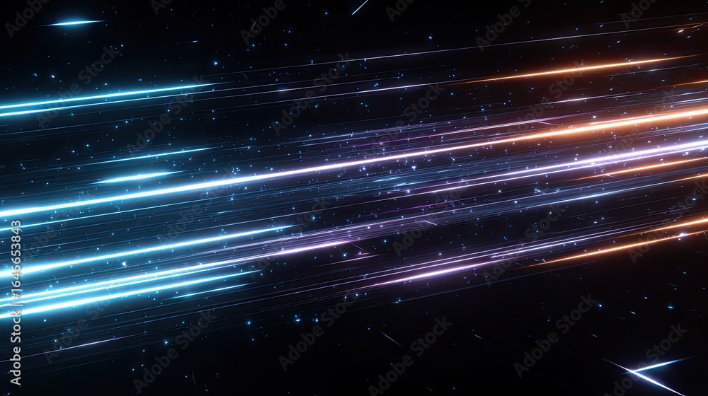 Poster dynamic neon light streaks across a dark sky, creating a stunning futuristic and high-tech visual pe