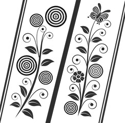 Floral Panel Illustration Featuring Concentric Flowers, Swirling Leaves, and Butterfly Motif in Black and White for Decorative, Botanical, and Graphic Design Applications