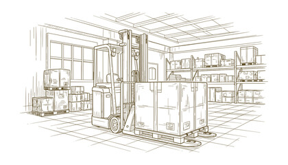 Obraz premium Forklift in warehouse carrying boxes. Hand drawn sketch vector illustration.