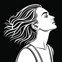Minimalist Line Art Illustration of Woman with Flowing Hair in Sleeveless Top on Black Background for Fashion, Beauty, and Editorial Design Concepts