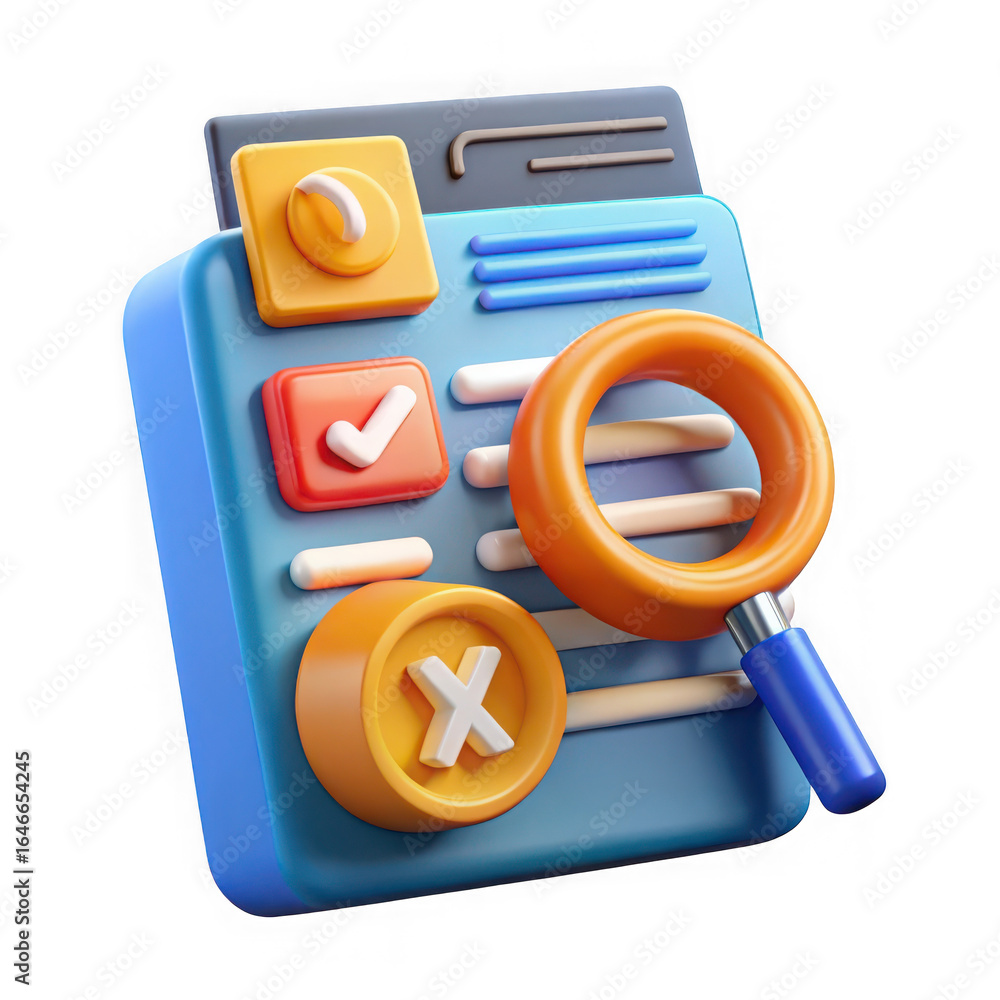 Poster 3d checklist with magnifying glass and checkmark and cross icons search find isolated on a transpare