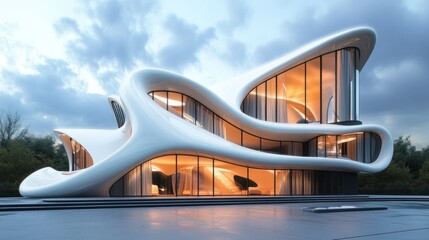 Fototapeta premium Futuristic house exterior at twilight, modern architecture, tranquil landscape