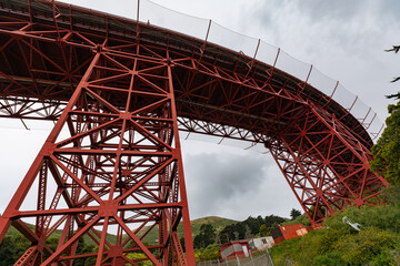 
Low angle view of Golden Gate Bridge structure.