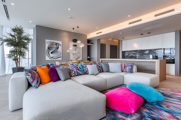 A modern open plan living room interior with a large comfortable sofa, colorful rug, and cushions, creating a cozy and inviting atmosphere.