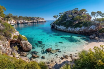 Fototapeta premium Picturesque cove with turquoise water, rocky shores, and lush greenery