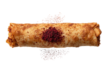 a single crispy Musakhan roll placed on a clean white background, cylindrical shape about 11cm long, golden-brown fried surface