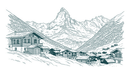 Hand drawn alpine village nestled beneath the Matterhorn mountain. Engraving style chalets. Vector Illustration.