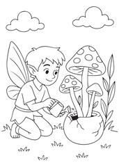 coloring book page of a fairy boy watering tall mushrooms growing in a pot outdoors