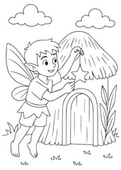 coloring book page of a fairy boy repairing the straw roof of a tiny hut