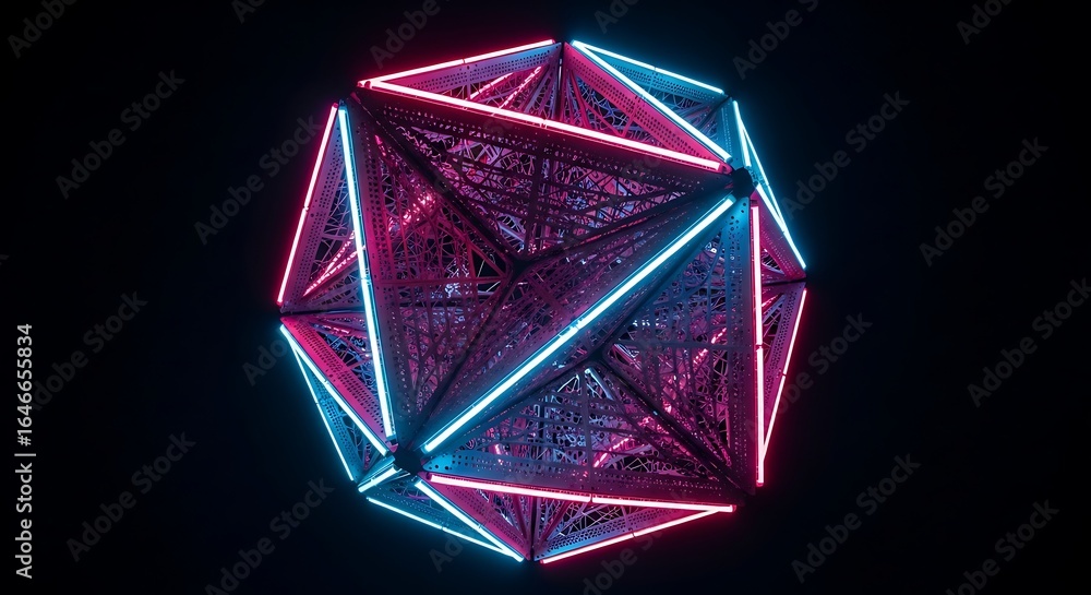 Poster abstract glowing polygon with neon lights in cyberpunk style on dark backdrop