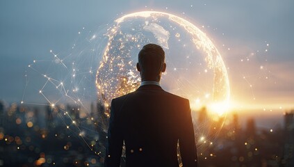 A businessman views a glowing, networked Earth rising over a cityscape at dawn, symbolizing global connection and future opportunities