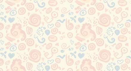Whimsical seamless background pattern featuring cute doodle cats, coffee beans, and hearts. A cozy and gentle pastel illustration.