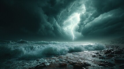 Fototapeta premium A stormy sky over the ocean with a lightning bolt in the sky.