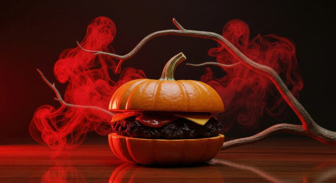 Spooky halloween burger with pumpkin bun and eerie red smoke and branches