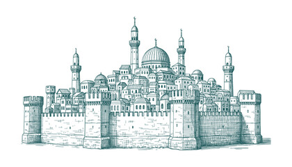 Obraz premium Hand-drawn sketch illustration of an old citadel city with defensive walls, minarets, and a central dome, vector format.