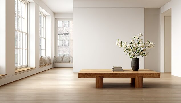 Minimalist living room with large windows, light wood floors, a low wooden coffee table, and a vase of white blossoms against a white wall.  A window seat with cushions is visible