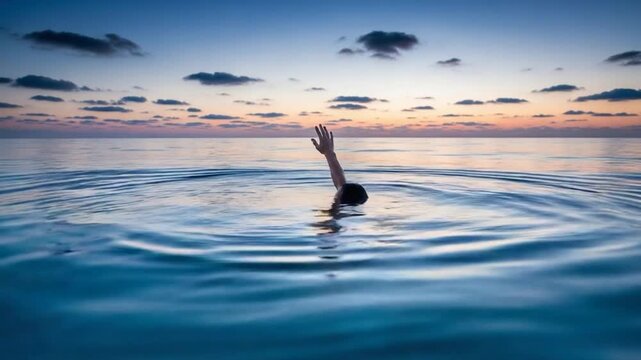 Desperate Plea: Hand Reaching from Ocean Depths at Sunset, Seeking Rescue