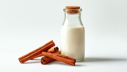A small glass bottle with a cork stopper contains creamy white milk; three cinnamon sticks rest beside it on a white background