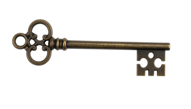 Antique Brass Skeleton Key with Intricate Design, Vintage Decorative Key on White Background