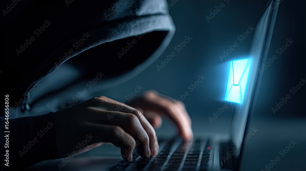 Poster cybersecurity threat with hooded hacker stealing data online through email scam on laptop at night, 