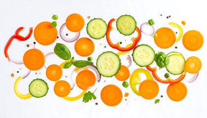Scattered, sliced vegetables on white